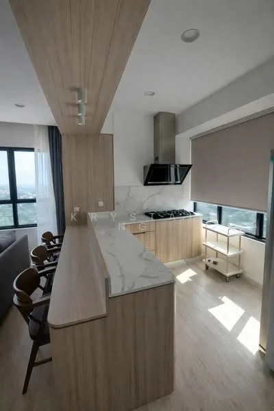 Kitchen features: light wood cabinetry, marble countertop, stainless-steel gas hob, stainless-steel range hood, single-bowl stainless-steel sink, window with city view, bar seating area, recessed downlights, grey roller blinds; style: modern; view: city.