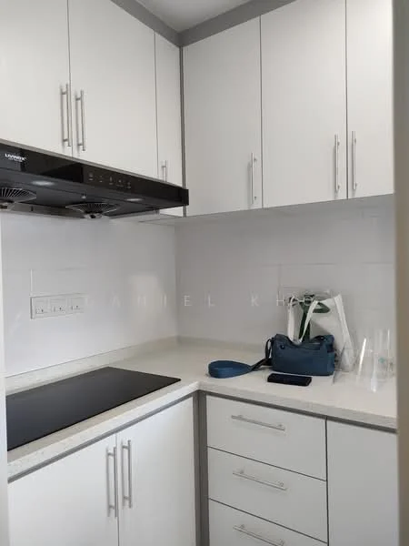 Kitchen features: white cabinetry with handles, grey countertop, built-in induction cooktop, stainless-steel range hood, white tiled backsplash, under-cabinet lighting, drawer storage, open shelving, kitchen utensils visible, blue handbag on countertop; style: modern.
