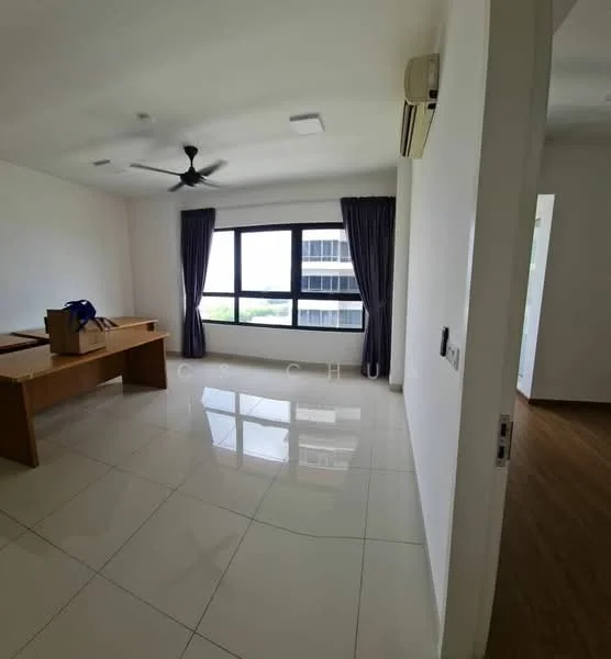 Room features: white painted walls, glossy tile flooring, 5-blade ceiling fan, floor-to-ceiling windows, dark grey curtains, air conditioning unit, wooden door, natural light from windows; style: modern; view: city.