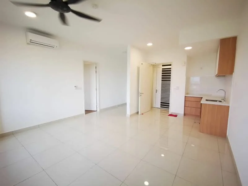 Living features: white painted walls, glossy ceramic tile flooring, 5-blade ceiling fan, wall-mounted split AC, kitchenette with wooden cabinetry, single-bowl stainless-steel sink, countertop with backsplash, door leading to hallway, door leading to bedroom, natural light from windows; style: modern.
