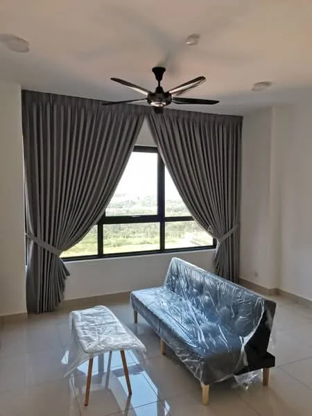 Living features: grey fabric sofa with plastic covering, small white coffee table, floor-to-ceiling window, grey curtains, white painted walls, tile flooring, recessed downlights, 5-blade ceiling fan; style: modern; view: garden.