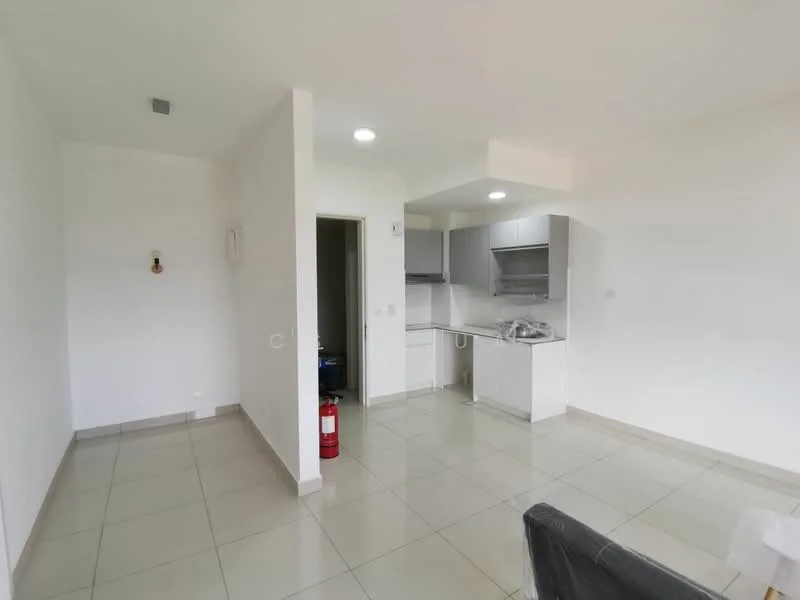 Room features: white painted walls, light grey cabinetry, stainless-steel sink, single-bowl stainless-steel sink, built-in kitchen countertop, ceramic tile flooring, recessed downlights, open layout, fire extinguisher, doorway leading to another room; style: modern.