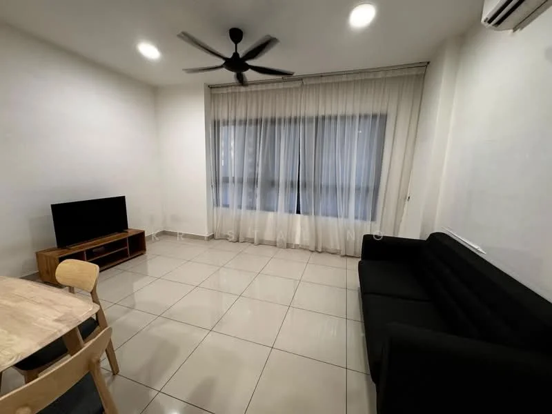 Living features: black fabric sofa, wooden TV console, flat-screen TV, white painted walls, glossy tile flooring, ceiling fan with light, floor-to-ceiling windows, sheer curtains, recessed lighting; style: modern.