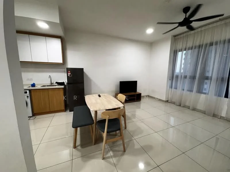 Living features: white painted walls, tile flooring, 5-blade ceiling fan with light, sofa with two chairs, dining table with four chairs, TV console, wall-mounted TV, refrigerator, kitchen cabinetry, kitchen countertop, washing machine, floor-to-ceiling windows with sheer curtains; style: modern.