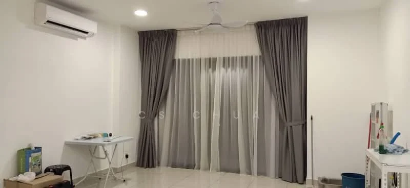 Room features: white painted walls, glossy tile flooring, 5-blade ceiling fan, floor-to-ceiling windows, sheer curtains, dark grey curtains, air conditioning unit, folding table, cleaning supplies on the floor, plastic bucket; style: modern.