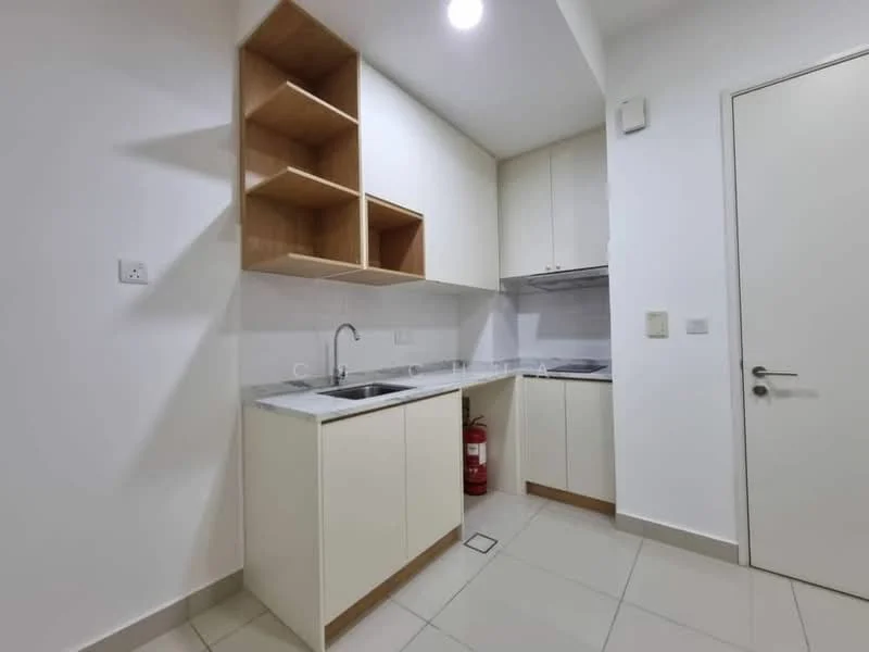 Kitchen features: white painted walls, light grey ceramic tile flooring, marble countertop, single-bowl stainless-steel sink, chrome pull-down faucet, white cabinetry with flat-panel doors, open shelving above countertop, built-in stove, fire extinguisher, recessed downlights; style: modern.