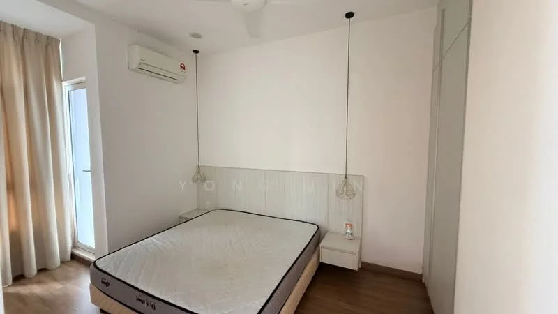Bedroom features: white painted walls, wooden flooring, 5-blade ceiling fan, wall-mounted split AC, hanging bedside lamps, built-in wardrobe, bedside table, large window with sheer curtains; style: minimalist.