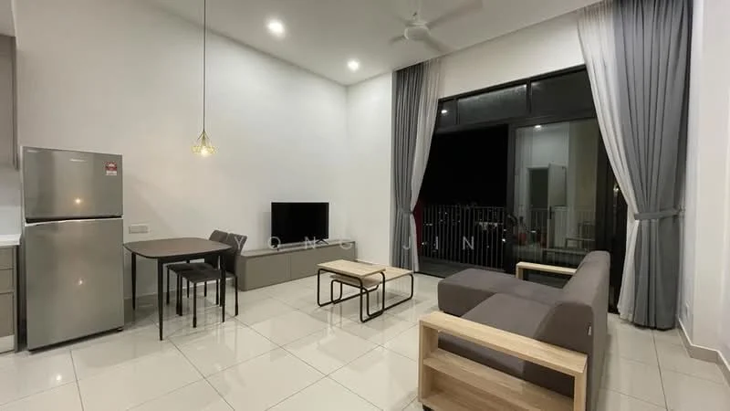 Living features: grey fabric sofa, wooden coffee table, 2-seater dining table, stainless-steel fridge, wall-mounted TV, TV console, floor-to-ceiling windows, curtains, ceiling fan, white painted walls, glossy tile flooring, recessed lighting; style: modern.