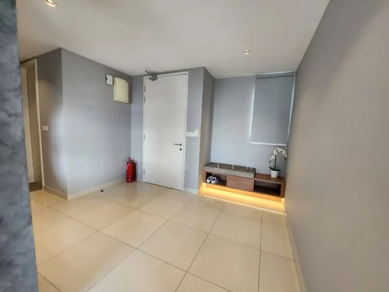 Room features: grey painted walls, white ceiling, tile flooring, single door, fire extinguisher, built-in bench with lighting, window with blinds, decorative plant; style: modern.