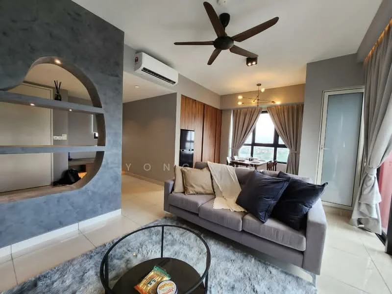 Living features: 3-seater fabric sofa in grey, decorative cushions in navy blue, round coffee table with black glass top, ceiling fan with light, wall-mounted air conditioning unit, floor-to-ceiling window with sheer curtains, light-colored tiled flooring, accent wall with grey texture, built-in shelving unit, decorative wall art, natural light from window; style: modern; view: city.
