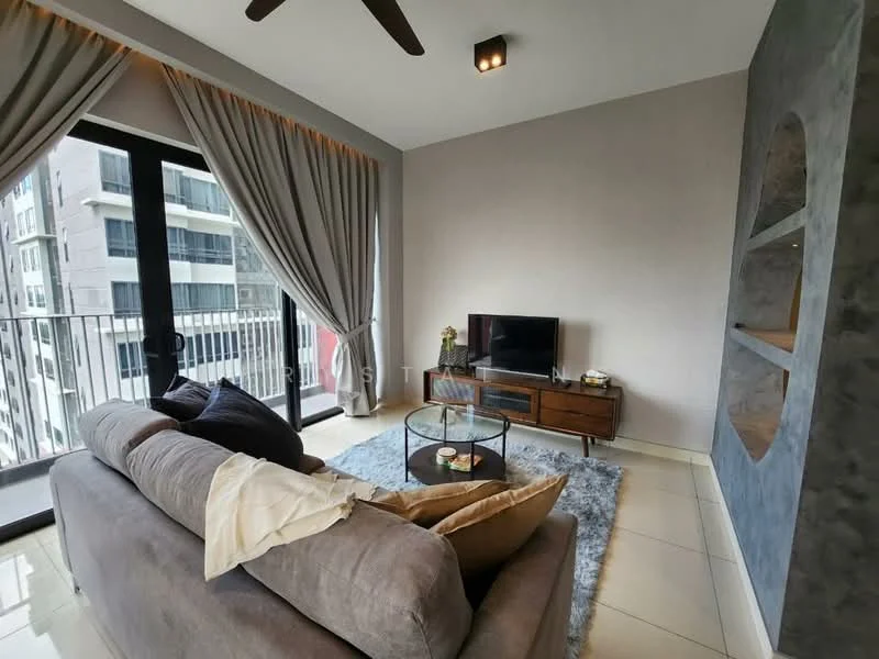Living features: 3-seater fabric sofa in grey, coffee table with glass top, area rug with fluffy texture, wall-mounted TV, TV console in wood, floor-to-ceiling windows, curtains in light grey, ceiling fan with light, decorative wall with niche shelving, neutral painted walls, glossy tile flooring; style: modern; view: city.