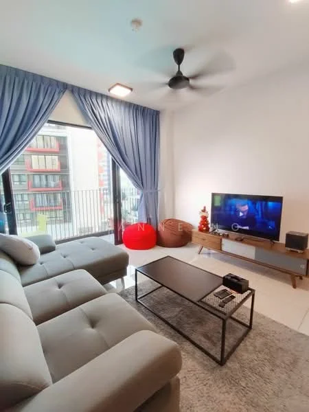 Living features: L-shape sectional sofa in grey, coffee table with black metal frame, area rug in light grey, wall-mounted TV, TV console in wood, 5-blade ceiling fan, floor-to-ceiling sliding glass door, sheer curtains in light blue, decorative items on TV console, balcony view; style: modern; view: city.