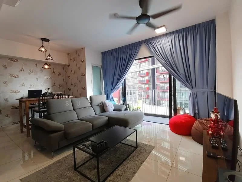 Living features: 3-seater fabric sofa in grey, black coffee table, pendant lighting, 5-blade ceiling fan, floor-to-ceiling windows, sliding glass door, sheer curtains, decorative wall with patterned wallpaper, area rug, bean bags, TV console, wall-mounted TV; style: modern; view: city.