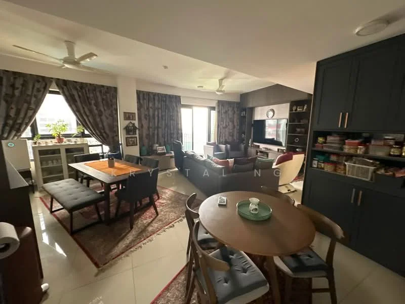 Living features: 3-seater fabric sofa in dark grey, 2-seater fabric sofa in light grey, coffee table, TV console, wall-mounted TV, area rug with geometric pattern, floor-to-ceiling windows, curtains with floral pattern, ceiling fan, decorative wall shelf, wall-mounted artwork, potted plants, wooden side table; style: modern; view: city. Dining features: 6-seater dining table, upholstered dining chairs, bench seating, decorative table centerpiece, wall-mounted shelving unit, storage cabinet, open shelving with jars, light fixture above table; style: modern.