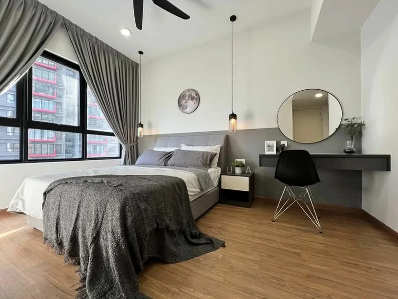 Bedroom features: king-size bed with grey bedding, upholstered headboard, 2 pendant lights hanging above the bed, wooden flooring, floor-to-ceiling windows, grey curtains, round mirror on wall, desk with chair, decorative plant on desk, wall-mounted electrical outlets; style: modern; view: city.