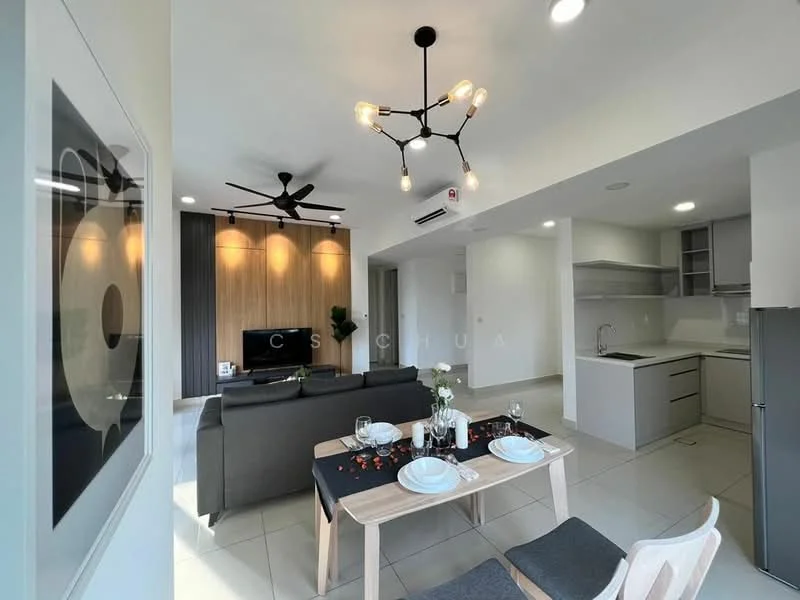 Living features: 3-seater fabric sofa in grey, wooden dining table for 4, 4 dining chairs, pendant light fixture with exposed bulbs, ceiling fan with 3 blades, wall-mounted TV, light-coloured tiled flooring, decorative wall art, decorative centerpiece with flowers, open-plan layout with kitchen visible, wood panel accent wall, recessed downlights; style: modern. Kitchen features: white cabinetry, stainless-steel fridge, built-in oven, ceramic cooktop, single-bowl stainless-steel sink, chrome pull-down faucet, light-coloured countertops, open shelving, tile backsplash; style: modern.