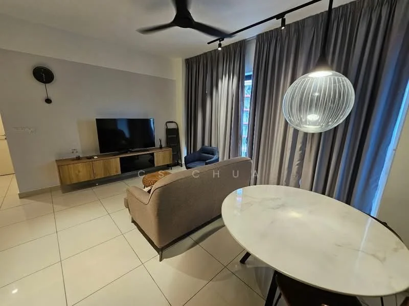 Living features: 3-seater fabric sofa in beige, wooden coffee table, wall-mounted TV, TV console with storage, floor-to-ceiling windows, sheer curtains, recessed downlights, ceiling fan, decorative wall clock, marble flooring; style: modern.