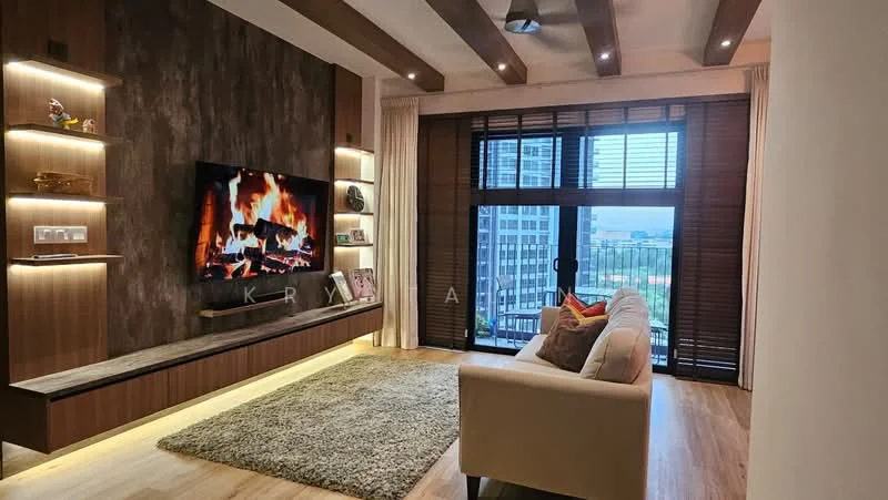 Living features: wooden flooring, exposed wooden beams on ceiling, recessed LED downlights, wall-mounted TV, floating TV console, decorative shelving with lighting, large sliding glass door, sheer curtains, area rug with plush texture, sofa in cream color, fireplace display on TV, city view through window; style: modern; view: city.