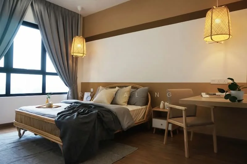 Bedroom features: queen-size bed with grey bedding, rattan bed frame, two pendant lamps, wooden side table, small potted plant on side table, light brown accent wall, white painted wall, floor-to-ceiling window with sheer curtains, wooden flooring, study desk with chair; style: modern.