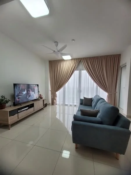 Living features: 3-seater fabric sofa in blue, coffee table, TV console, wall-mounted TV, floor-to-ceiling windows, sheer curtains, drapes, ceiling fan, polished tile flooring, decorative plant; style: modern.