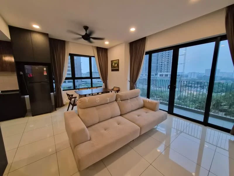 Living features: 3-seater fabric sofa in beige, floor-to-ceiling windows, sliding glass door, dining table for 4, blackout curtains, ceiling fan, white tiled flooring, wall-mounted TV, refrigerator, kitchen cabinetry, decorative artwork, open layout; style: modern; view: city.