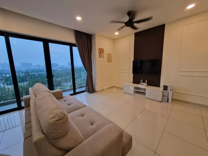 Living features: 3-seater fabric sofa in beige, floor-to-ceiling windows, sliding glass door, white painted walls, dark wood accent wall, recessed downlights, ceiling fan, TV console, wall-mounted TV, ceramic tile flooring, curtains, decorative artwork; style: modern; view: city.