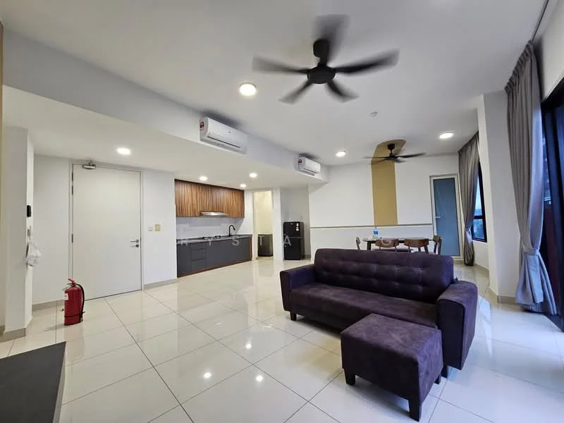 Living features: 3-seater fabric sofa in purple, white walls, glossy tile flooring, 2 wall-mounted split AC units, recessed downlights, floor-to-ceiling windows, curtains, fire extinguisher, open layout to kitchen, dining area, decorative wall panel, door to balcony; style: modern; view: city. Kitchen features: L-shaped kitchen counter, wood cabinetry, stainless-steel fridge, built-in oven, 4-burner gas hob, exhaust hood, black countertop, ceramic tile backsplash; style: modern.