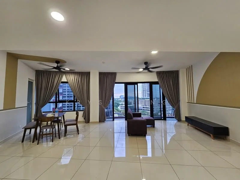 Living features: large floor-to-ceiling windows, grey curtains, 2 ceiling fans, white painted walls, cream accent wall, glossy tile flooring, brown L-shape sectional sofa, wooden dining table with 4 chairs, black TV console, open layout, city view, recessed lighting; style: modern; view: city.
