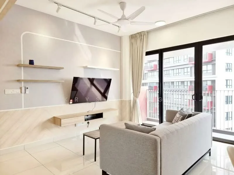 Living features: light grey fabric sofa, wall-mounted TV, floating shelves, white painted walls, cream curtains, ceiling fan, tile flooring, glass sliding door, black metal railing, decorative throw pillow, small side table; style: modern.