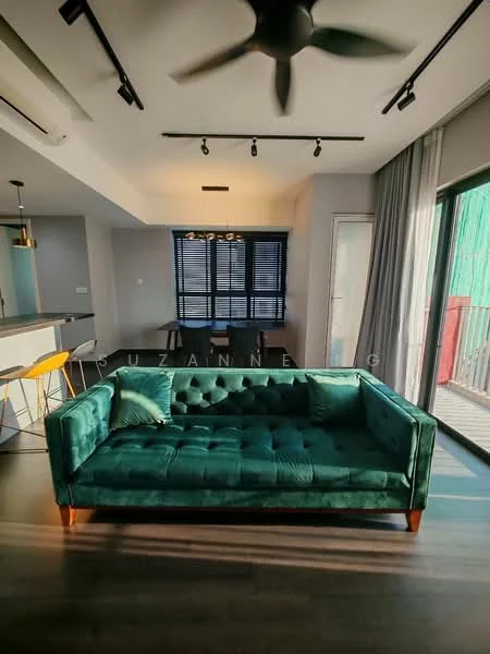 Living features: green velvet sofa with tufted design, wooden legs on sofa, 5-blade ceiling fan, recessed LED downlights, large glass sliding door, floor-to-ceiling windows, grey curtains, wooden flooring, decorative throw pillow, open-plan layout to dining area, wall-mounted artwork; style: modern.