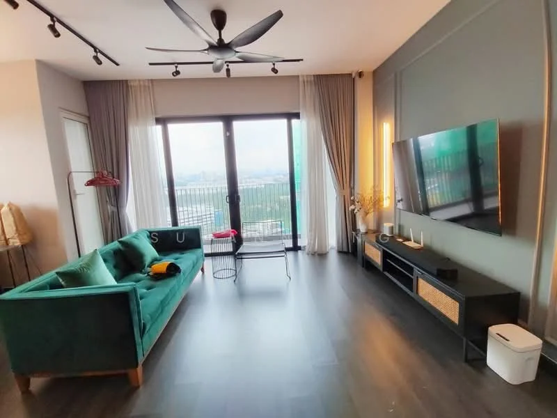 Living features: green velvet sofa, black coffee table, TV console with storage, wall-mounted TV, floor-to-ceiling windows, curtains, wooden flooring, ceiling fan with light, decorative plants; style: modern; view: city.
