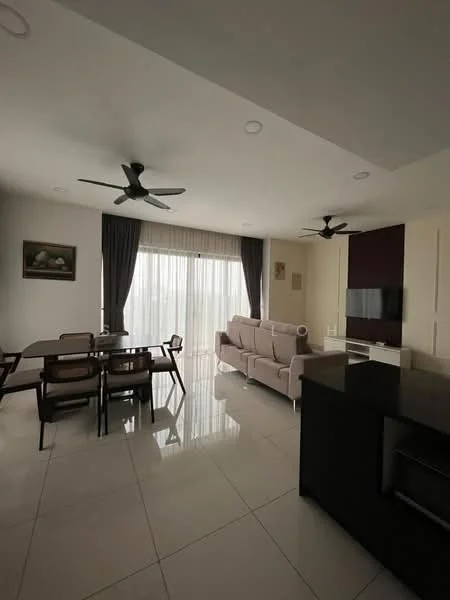 Living features: 3-seater fabric sofa in light beige, 2 ceiling fans, floor-to-ceiling windows, sheer curtains, white walls, recessed downlights, TV console, wall-mounted TV, coffee table, marble tile flooring, decorative artwork on wall, dining table with 4 chairs; style: modern.