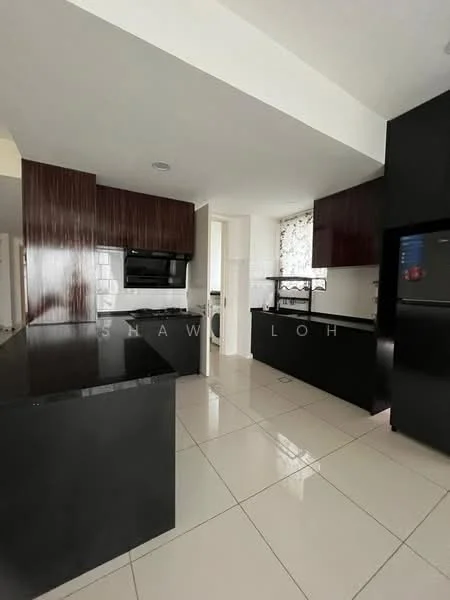 Kitchen features: black granite countertop, dark wood cabinetry, built-in microwave, stainless-steel fridge, stainless-steel oven, ceramic tile flooring, window with sheer curtains, double-bowl stainless-steel sink, chrome pull-down faucet, recessed downlights, kitchen island with seating, white backsplash, open shelving; style: modern.