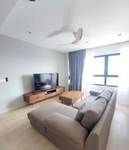 Living features: 3-seater fabric sofa in grey, wood coffee table, TV console, wall-mounted TV, floor-to-ceiling windows, sheer curtains, ceiling fan, light wood flooring, grey painted walls, recessed downlights; style: modern.