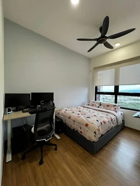 Bedroom features: king-size bed with patterned bedding, wooden flooring, light grey painted walls, 5-blade ceiling fan, floor-to-ceiling windows, blackout curtains, study desk with dual monitors, ergonomic office chair, small side table, decorative wall art; style: modern; view: city.