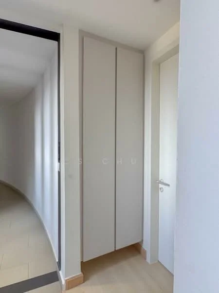 Room features: built-in cabinets, white painted walls, light-colored flooring, door with handle, curved wall, neutral color palette; style: modern.