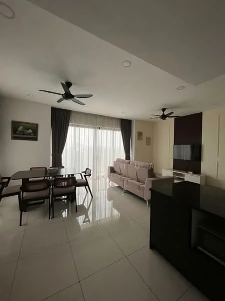Living features: 3-seater fabric sofa in light beige, dining table with 4 chairs, floor-to-ceiling windows, sheer curtains, recessed downlights, 2 ceiling fans, TV console, wall-mounted TV, polished ceramic tile flooring, decorative artwork on wall, light-colored walls, dark accent wall; style: modern.