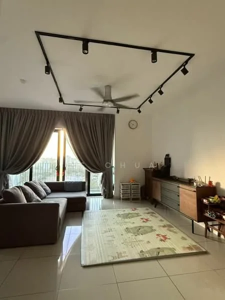 Living features: 3-seater fabric sofa in brown, area rug with geometric pattern, TV console, wall-mounted TV, ceiling fan with integrated LED light, recessed downlights, floor-to-ceiling windows, sheer curtains, wooden sideboard, decorative wall clock; style: modern; view: garden.
