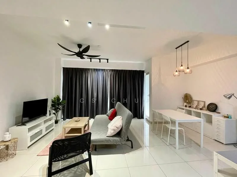 Living features: 3-seater fabric sofa in grey, coffee table, wall-mounted TV, TV console in white, ceiling fan with light, recessed downlights, dining table with white finish, black dining chairs, large floor-to-ceiling windows with sheer curtains, decorative wall art, plant in ceramic pot, white tiled flooring, grey accent wall; style: modern.
