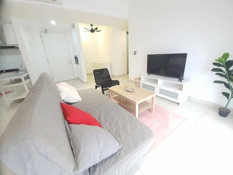 Living features: grey fabric sofa, red accent pillows, black lounge chair, wood coffee table, TV console, wall-mounted TV, area rug in light pink, potted plant, white walls, tile flooring, ceiling fan with light; style: modern. Room features: white painted walls, open layout, doorway to hallway, kitchen area visible.