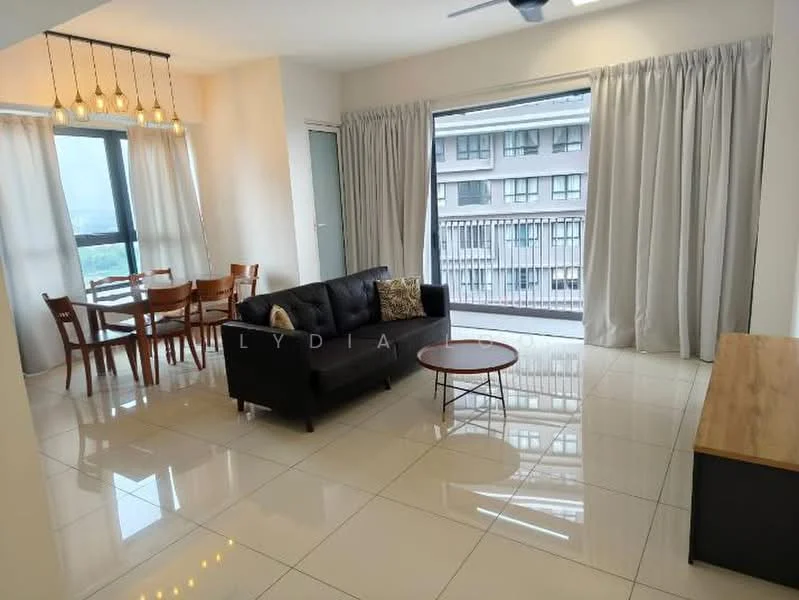 Living features: 3-seater fabric sofa in black, wooden coffee table, dining table with 4 chairs, floor-to-ceiling windows, sheer curtains, white painted walls, polished ceramic tile flooring, ceiling fan with light, decorative wall art; style: modern; view: city.