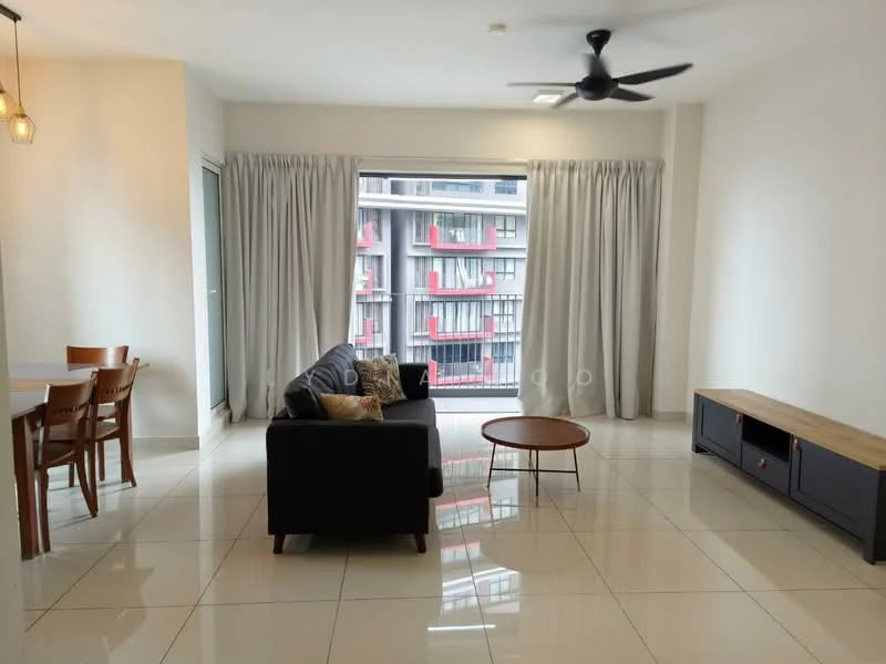 Living features: 3-seater fabric sofa in black, coffee table with wooden top, TV console with storage, floor-to-ceiling windows, sheer curtains, white painted walls, polished ceramic tile flooring, ceiling fan with light, decorative wall art; style: modern. Dining features: 4-seater dining table in wood, wooden dining chairs, white painted walls, polished ceramic tile flooring; style: modern.