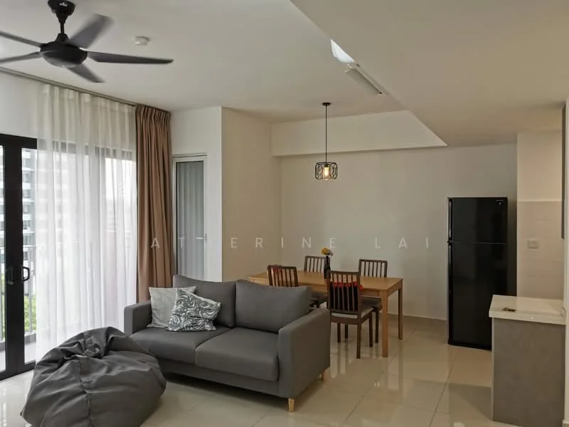 Living features: 3-seater fabric sofa in grey, decorative cushion, bean bag chair, dining table for 4 with wooden chairs, black refrigerator, pendant light fixture, floor-to-ceiling windows with sheer curtains, white painted walls, glossy tile flooring, ceiling fan with light; style: modern; view: city.