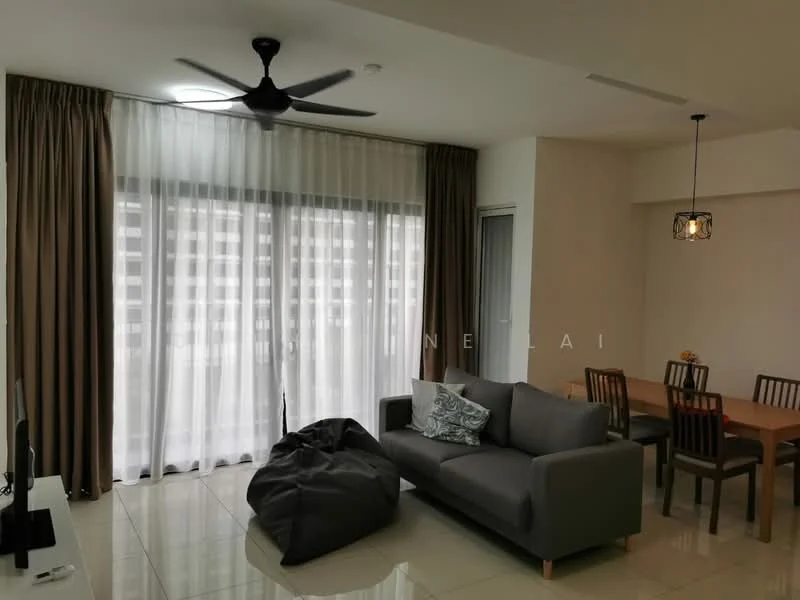 Living features: 5-blade ceiling fan with light, floor-to-ceiling windows, sheer curtains, brown curtain drapes, grey fabric 3-seater sofa, bean bag chair, wooden dining table for 4, wooden dining chairs, TV console, wall-mounted TV, polished tile flooring, decorative throw pillows; style: modern.