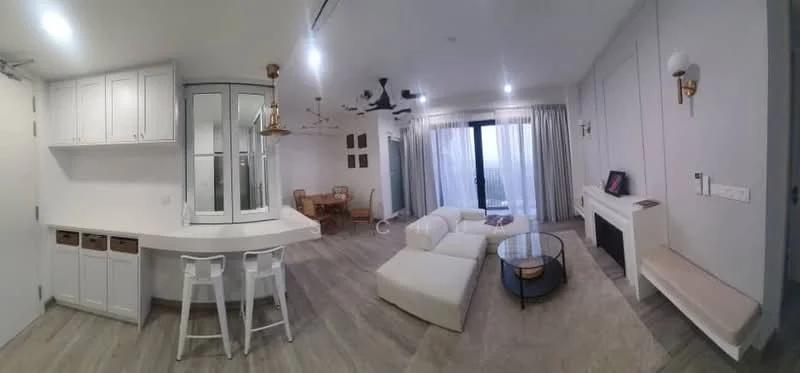Living features: white sofa, round coffee table, TV console, wall-mounted TV, 5-blade ceiling fan with light, floor-to-ceiling windows, curtains, wooden flooring, decorative wall art, fireplace, open-plan layout, dining area with round table, bar stools at kitchen counter; style: modern; view: city. Kitchen features: white cabinetry, kitchen island, stainless-steel appliances, built-in oven, microwave, double-basin sink, chrome faucet, countertop with bar seating; style: modern.