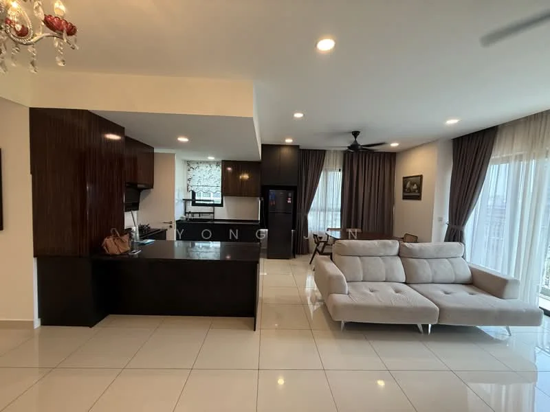 Living features: 3-seater fabric sofa in light grey, coffee table, wall-mounted TV, recessed downlights, ceiling fan, floor-to-ceiling windows, sheer curtains, area rug, decorative wall art, open layout with kitchen, white walls, tile flooring; style: modern; view: city. Kitchen features: black granite countertop, stainless-steel sink, built-in oven, stainless-steel refrigerator, black cabinetry, ceramic tile backsplash, 4-burner gas hob, microwave, open shelving; style: modern.