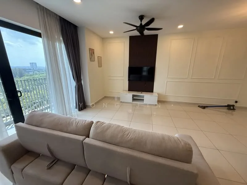 Living features: 3-seater fabric sofa in beige, floor-to-ceiling windows, black ceiling fan with light, wall-mounted TV, light-coloured tiled flooring, white painted walls, decorative wall paneling, curtains in grey, TV console, area rug; style: modern; view: city.