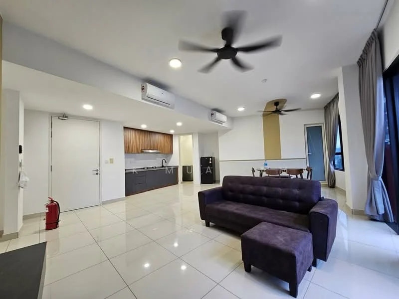 Living features: 3-seater fabric sofa in dark purple, white painted walls, glossy tile flooring, 2 ceiling fans, wall-mounted split AC units, large glass sliding door, curtains, dining table with chairs visible in background, open-plan layout to kitchen, recessed lighting; style: modern; view: city. Kitchen features: dark wood cabinetry, black countertop, stainless-steel sink, built-in oven, stainless-steel range hood, 4-burner gas hob, refrigerator, open layout to living area; style: modern.