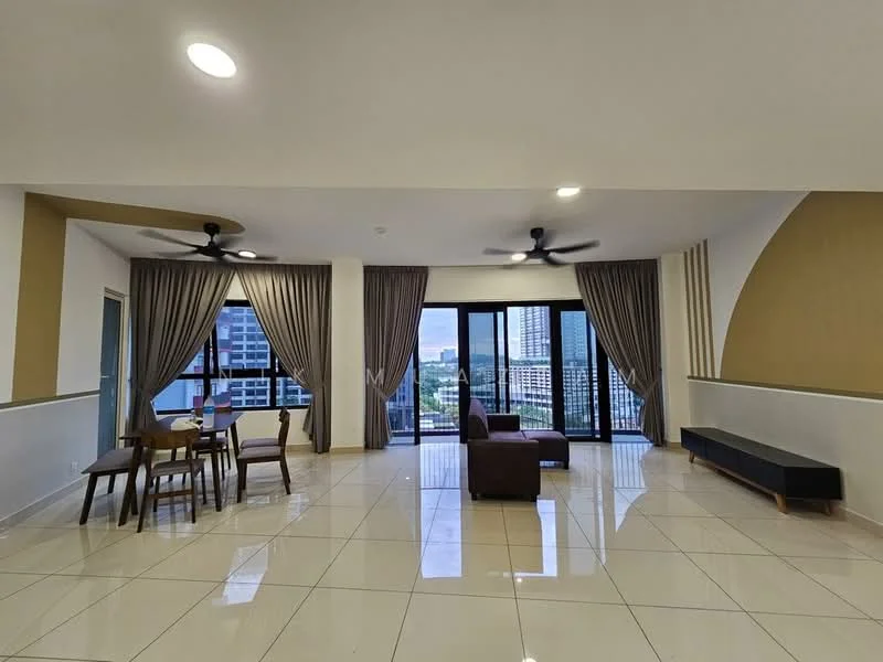 Living features: large floor-to-ceiling windows, grey curtains, 2 ceiling fans, white painted walls, cream accent wall, glossy ceramic tile flooring, brown L-shape sectional sofa, wooden dining table with 4 chairs, black TV console, open layout, city view, recessed lighting; style: modern; view: city.