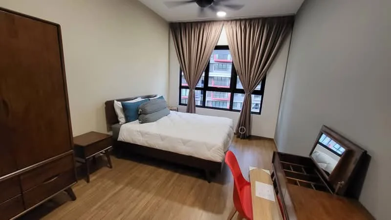 Bedroom features: queen-size bed with white bedding, wooden bed frame, 2 bedside tables, wooden wardrobe, study desk with mirror, red chair, wooden flooring, floor-to-ceiling windows, curtains in beige, ceiling fan with light; style: modern.